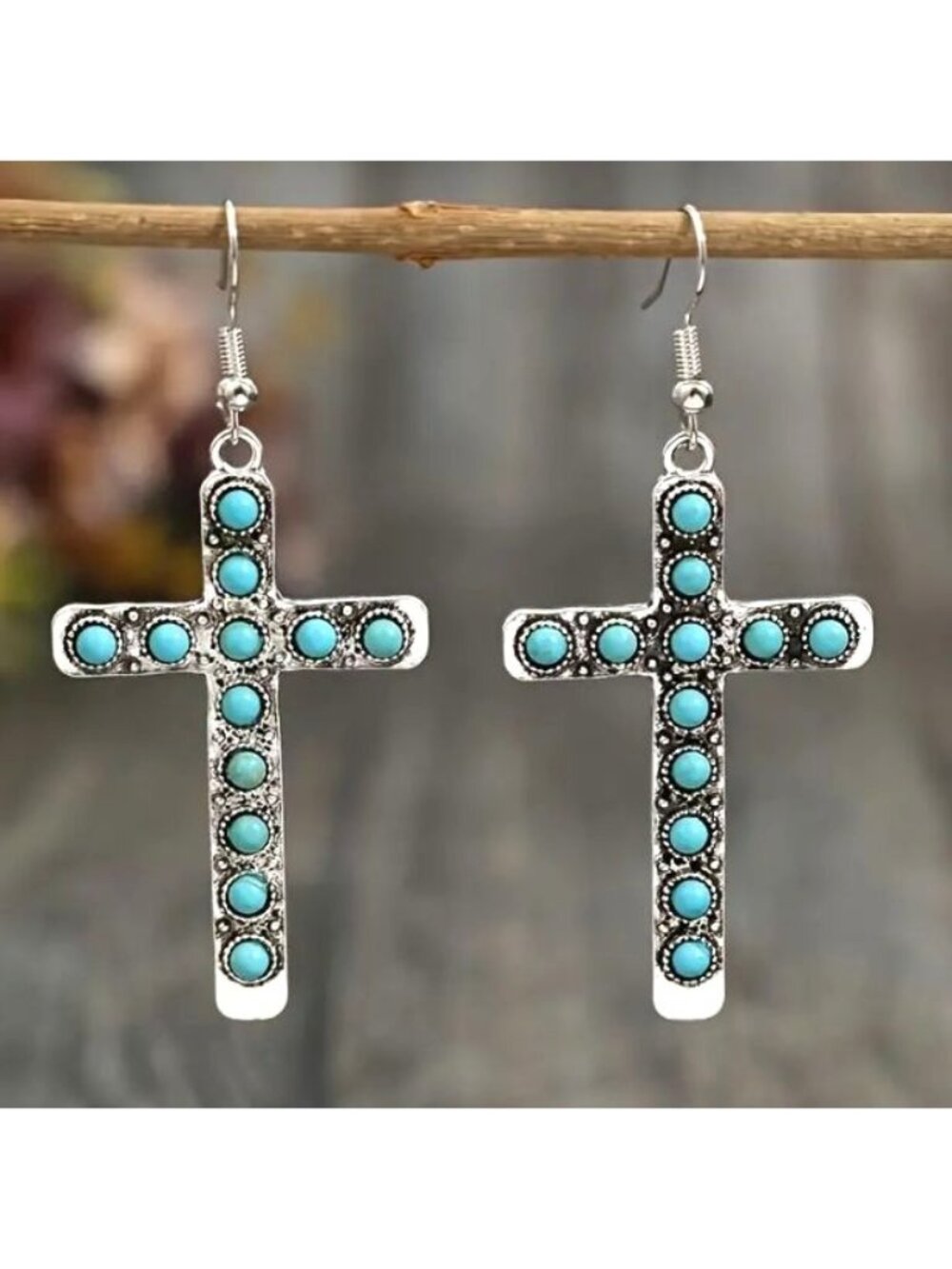 Turquoise & Silver Cross Dangle Earrings NEW‎